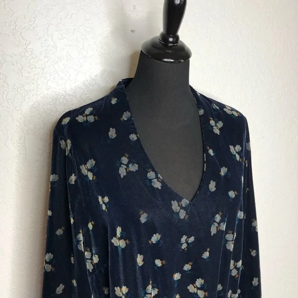 Cabi Decked Out navy blue floral velvet belted midi dress Extra Large XL #3875